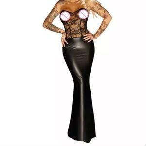Vinyl black leather see through dress gown